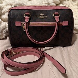 NWOT Coach Rowan Satchel signature canvas Dark Brown Pink